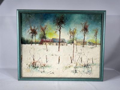 painting of a snowy landscape with trees and a barn in the distance