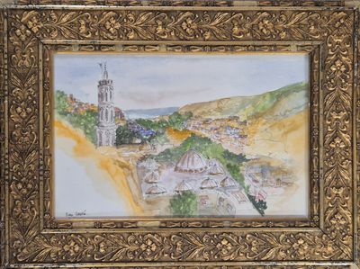 une photo d'un tableau représentant une ville, dans un cadre doré