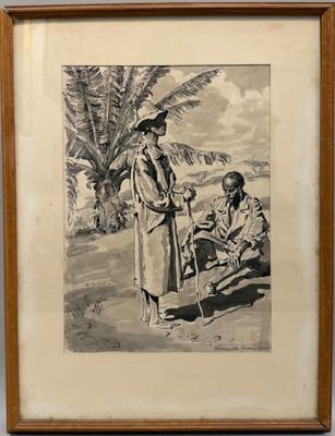 un vieux dessin en noir et blanc représentant un homme et une femme sur une plage