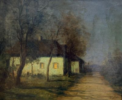 an image of a painting of a country road with a house in the background