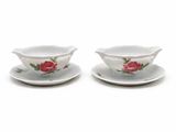 pair of porcelain saucers with roses on them on a white background