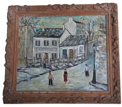 une peinture à l'huile représentant des personnes marchant dans une rue devant une maison blanche