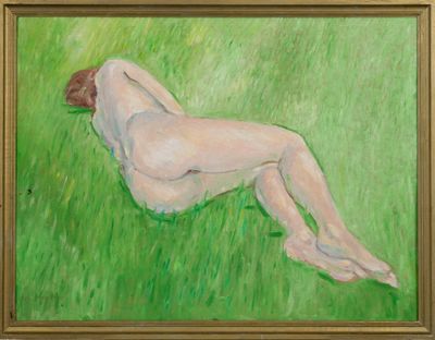 une peinture à l'huile représentant une femme nue allongée dans un champ d'herbe
