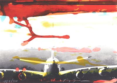 une peinture représentant un avion sur le tarmac d'un aéroport
