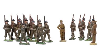 many figurines of soldiers standing in a line