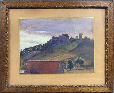 une peinture à l'huile représentant un château sur une colline, avec un toit rouge