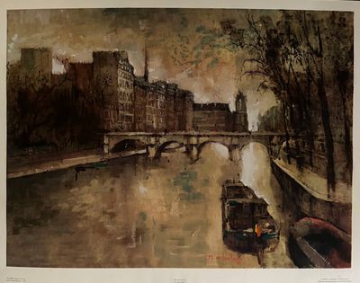 a painting of a boat on a river with a bridge in the background