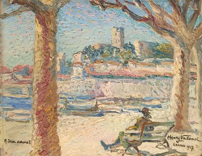 un tableau représentant un homme assis sur un banc au bord de l'eau