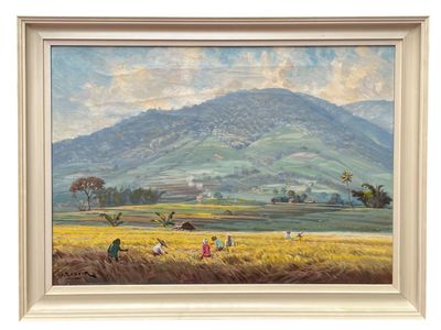 une peinture à l'huile d'un paysage avec une montagne en arrière-plan