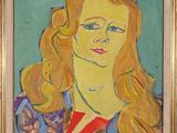 painting of a woman with blonde hair and blue eyes in a gold frame