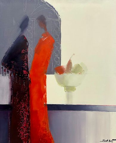 Émile BELLET (1941-2022) « Confidences ». Huile sur toile. Signé 