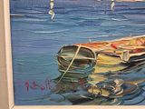 a painting of a boat in the water with mountains in the background