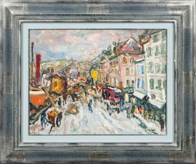 an oil painting of a horse drawn carriage on a snowy street