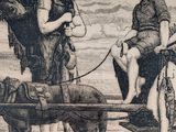 a drawing of two women and a dog on a cart