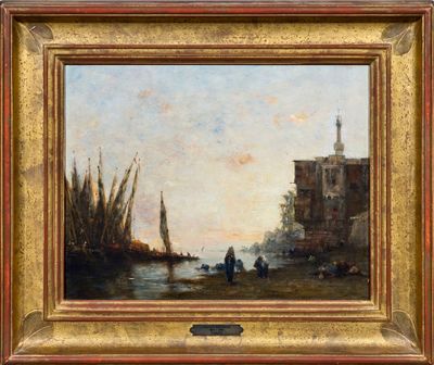 une image représentant un tableau montrant des bateaux sur une rivière, avec des bâtiments en arrière-plan
