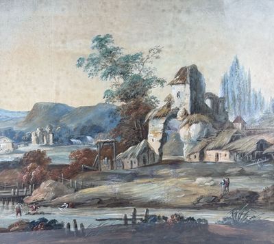 painting of a landscape with a castle and a river in the foreground