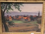 un tableau représentant un village avec une église en arrière-plan