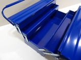 a close up of a blue tool box on a white table