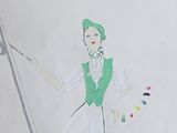 tableau représentant une femme vêtue d'un gilet vert, tenant un pinceau et une palette