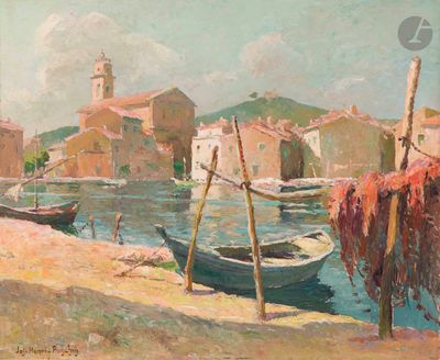 un tableau représentant des bateaux amarrés dans un port, avec des bâtiments en arrière-plan