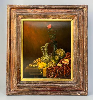 une peinture à l'huile représentant une nature morte composée de fruits et de fleurs, dans un cadre en bois