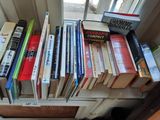 a lot of books that are on a window sill