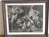 tableau représentant un groupe de personnes rassemblées autour d'une crèche