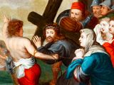an image of a painting of a group of people carrying a cross