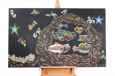 a picture of a painting on a easel on a white background