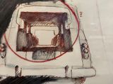 drawing of a car with a red circle on the hood