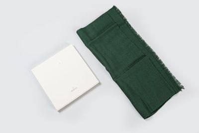 a close up of a green scarf and a white square
