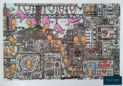 une photo d'un dessin représentant un groupe de personnes dans une usine