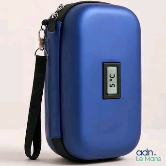 a blue case that has a digital clock on it