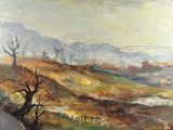 an oil painting of a landscape with a road and a tree