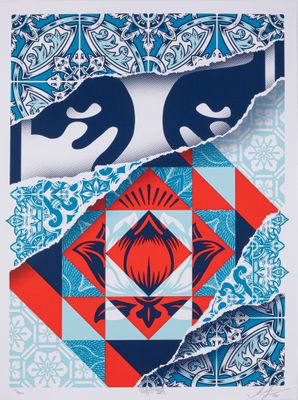 an image of a blue and red paper cut of a woman ' s face