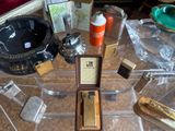 a glass table with various items on it