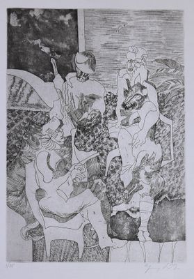 dessin représentant un homme jouant de la guitare et une femme assise sur une chaise