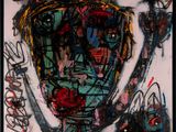 peinture abstraite représentant un homme tenant une batte de baseball dans la main droite