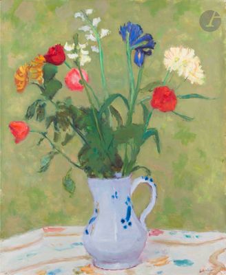 a painting of flowers in a vase on a table