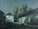 un tableau représentant une vache debout devant une grange