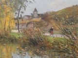un tableau représentant une femme marchant sur un sentier au bord d'une rivière