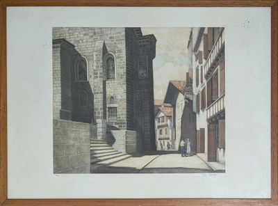 peinture d'une scène de rue avec des bâtiments et une personne marchant dans la rue