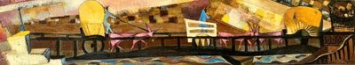 a picture of a painting of a bridge over a river
