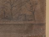 drawing of a landscape with trees and a river in the foreground