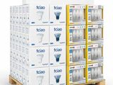 many boxes of light bulbs stacked on a pallet
