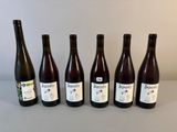 six bouteilles de vin sont alignées sur une table