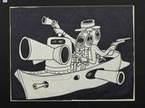dessin représentant un homme dans un bateau, muni d'une longue-vue et d'un fusil