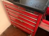 a red tool box sitting on top of a workbench