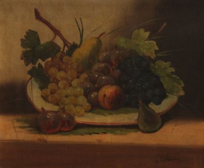 un tableau représentant une assiette de fruits posée sur une table