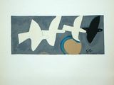a painting of birds flying over a bowl of fruit